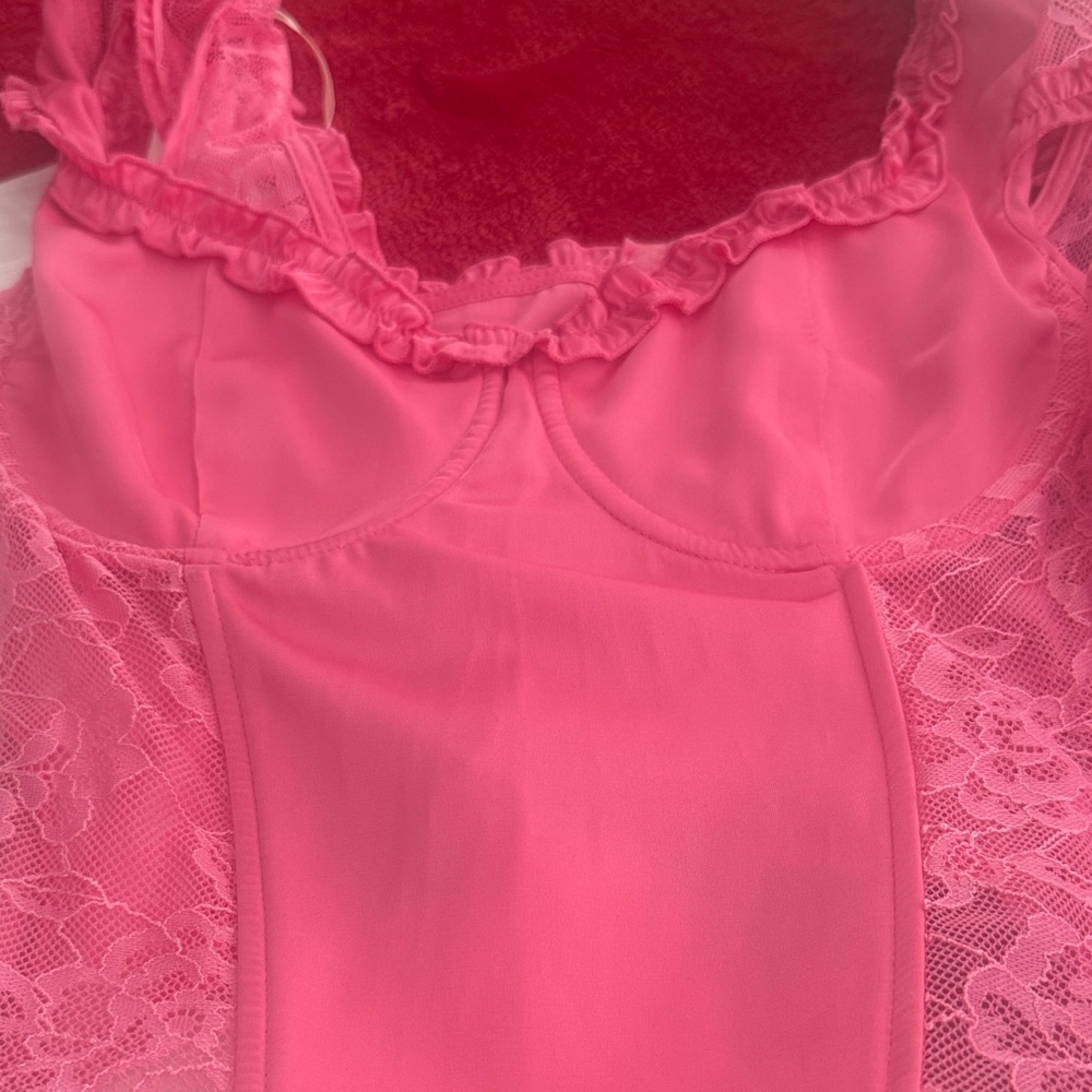 White crop Tank with Hot Pink Lace Bodysuit Set